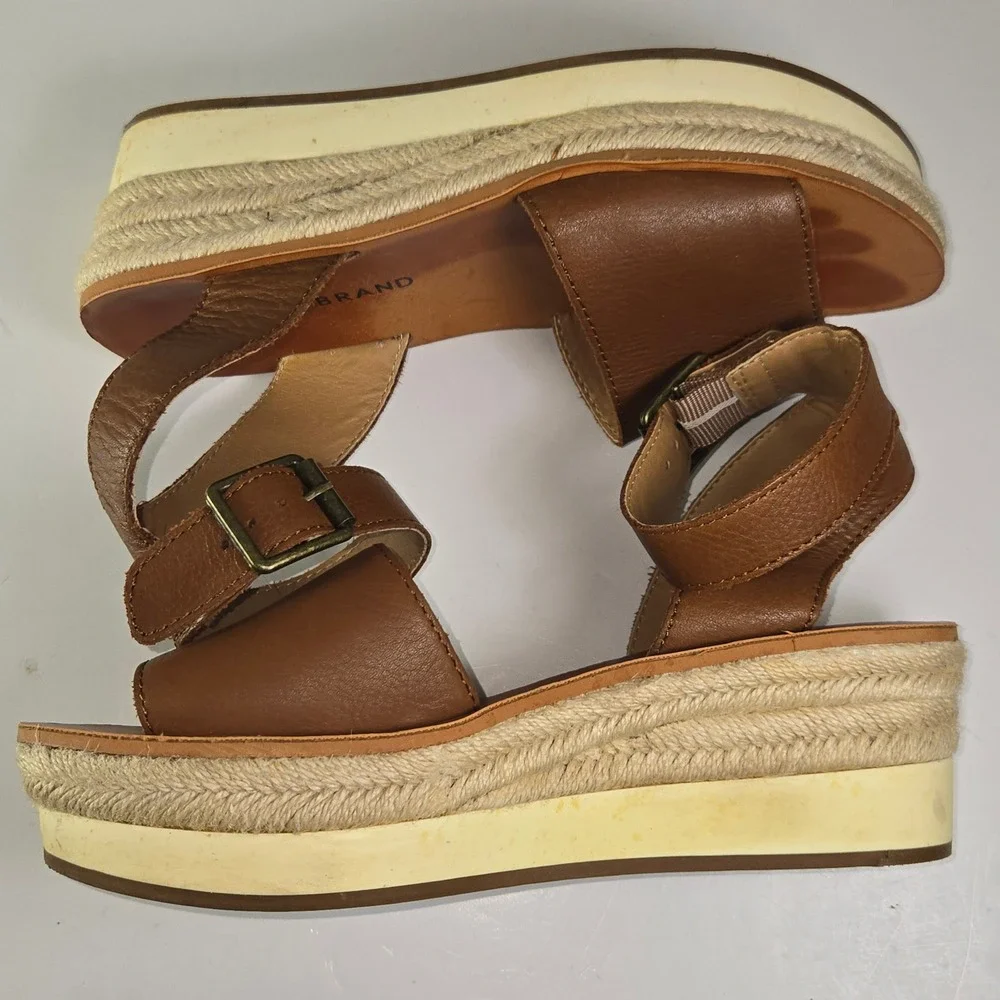 Lucky Brand Joodith Leather Espadrille Platform Wedge Sandals Brown Women 6.5